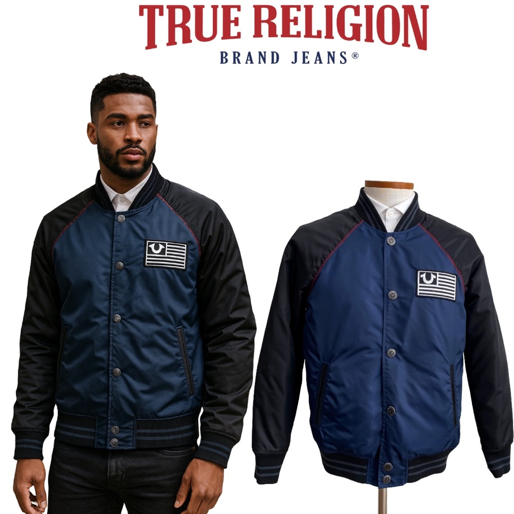 True Religion Men’s Bomber Varsity Jacket Quilted Nylon Navy Black Streetwear M